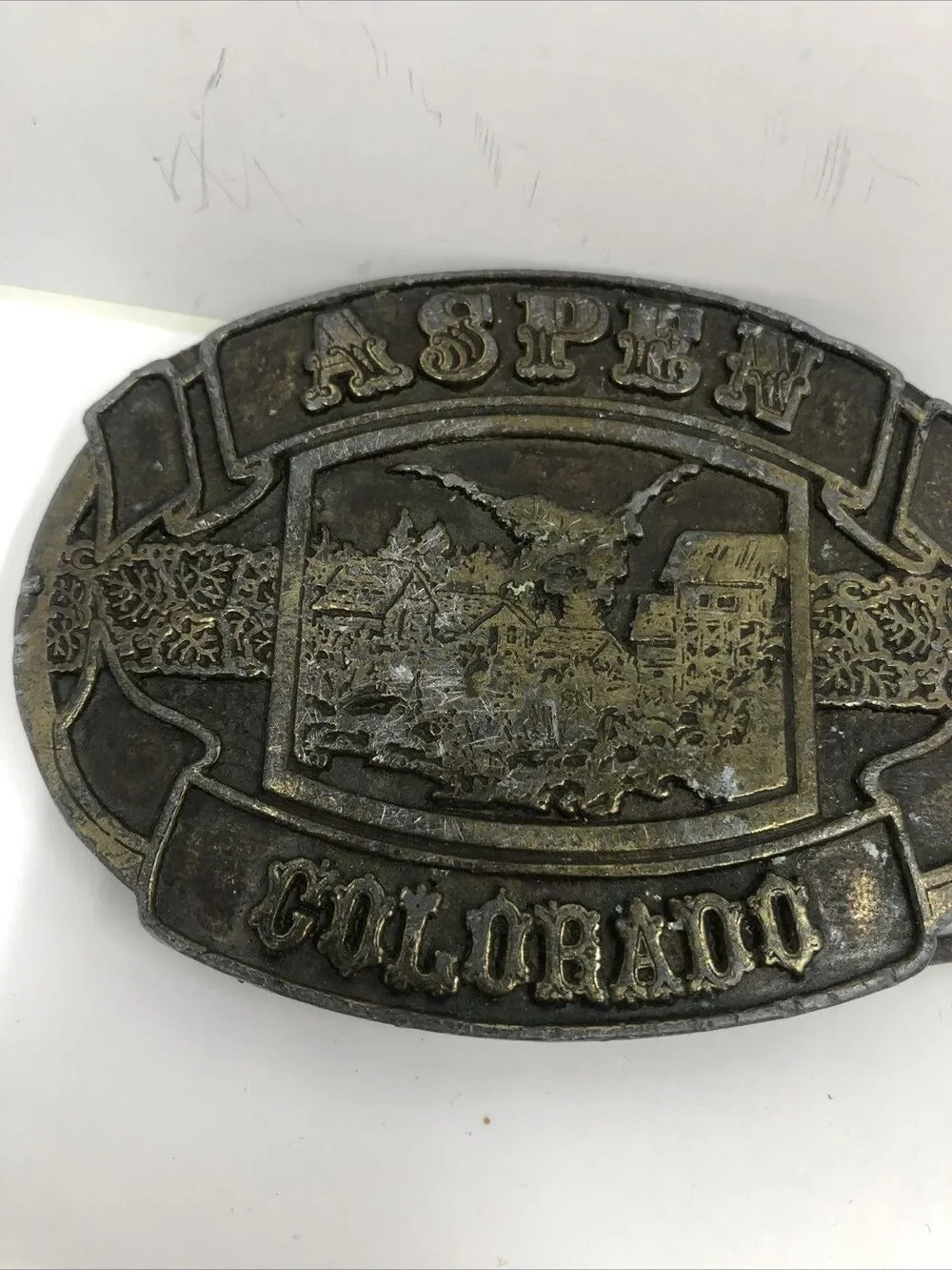 Belt Buckle Aspen Colorado Dark Brass or Bronze Colorado  3 1/4 “x 2 1/2